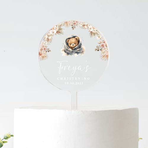 Personalised Christening Cake Topper | Teddy Bear Baptism Cake Decoration | Custom Name & Date | Frosted Acrylic | 10cm or 12cm (WHITE TEXT, 12CM)