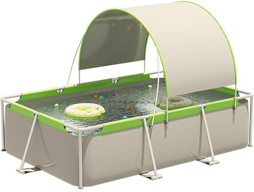 Metal Frame Swimming Pool - Rectangular Above Ground Pool with Steel Frame, Heavy-Duty PVC Non-Inflatable, Foldable with Canopy Sunshade, Easy Assembly for Outdoor Use