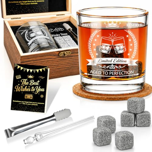 EXREIZST Whisky Glass Set – Birthday Gifts for Men | Engraved Whisky Tumbler with Wood Box, Stones, Pipette & Tongs – Ideal Birthday Gift for Husband Dad Friend