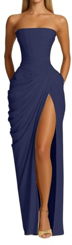 Generico Abito da Cerimonia Donna Vestito Lungo Elegante Senza Spalline Bandeau Plissettato Aderente con Spacco Abito da Sera per Matrimonio Damigella Serata Formale Cena di Gala Promozione
