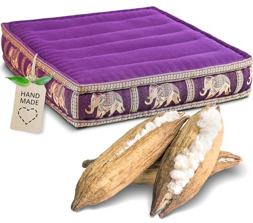livasia seat floor cushion Thai silk - 20x20x4″ - indoor/outdoor, Meditation yoga, Pallet furniture chair cushion, Stitched cushion chair bench hand made (Purple/Elephants, Silk)