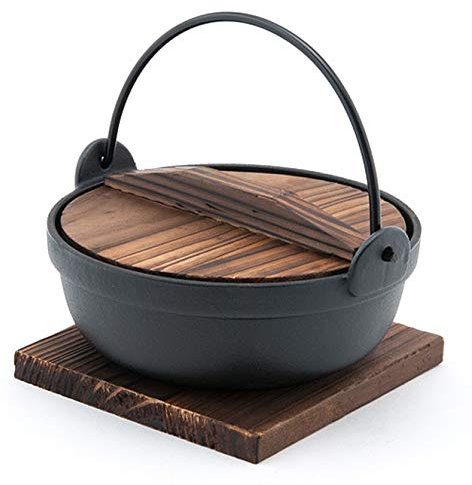 Happy Sales HSSN-PHP675, Japanese Design Cast Iron Nabe Sukiyaki Nabemono Personal Size Hot Pot With Wooden Lid, 28 fl.oz.