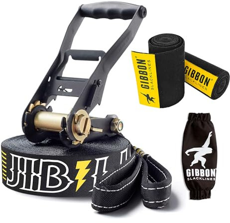 Gibbon Slacklines JibLine 15m Trickline Set inkl. Ratschenschutz | Baumschutz | Sicherheitsverschluss | Bruchlast 30Kn, 5cm Breite | Optimierter Halt | für Freestyler, Adrenalinjunkies, Urban Slacker