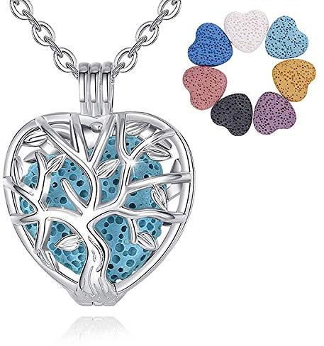 INFUSEU Aromaterapia Olio Essenziale Diffusore Collana Ciondolo Medaglione D'argento 5 PZ Lava Pietre Con 24 Catena, Regalo per le Donne (albero della vita)