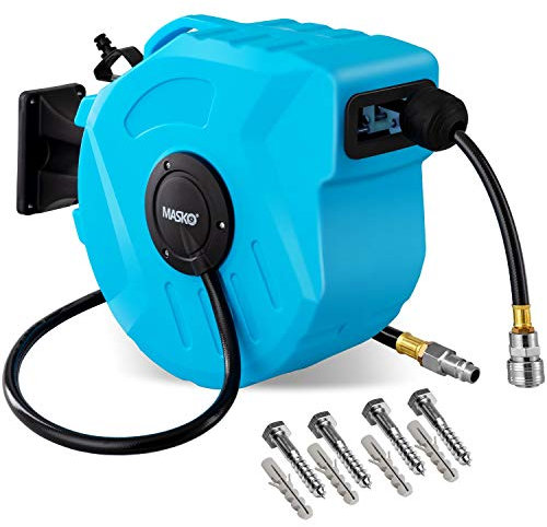 MASKO® Automatik Druckluftschlauch Aufroller 20m – Schlauchtrommel mit 1/4 Anschluss, Schlauchaufroller, Wandhalterung, Tragegriff, 180° schwenkbar, Schlauchbremse, vormontiert/sofort einsatzbereit