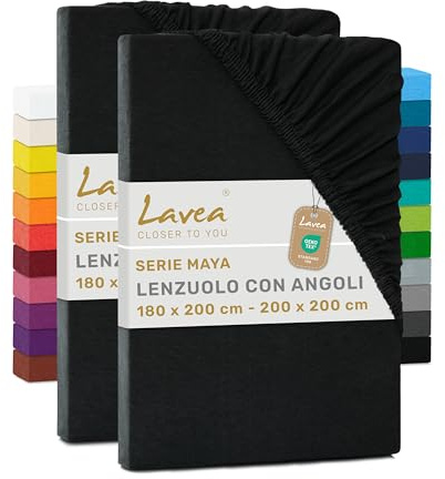 Lavea® 2er Pack Jersey Spannbettlaken 180/200x200cm – Schwarz | 100% Baumwolle – Weiches Bettlaken für Matratzen bis 20 cm Höhe – Formstabil und Langlebig