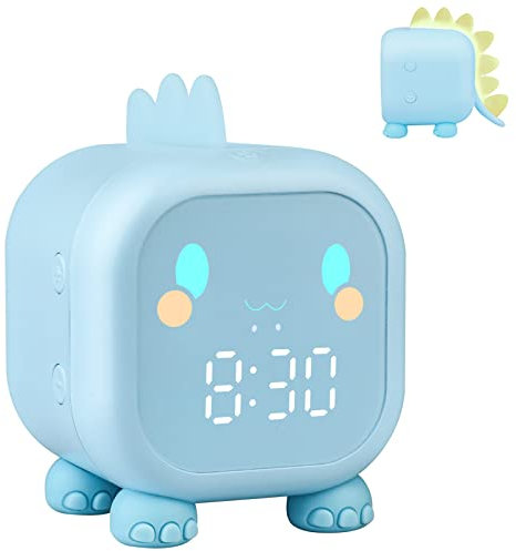 Ayybboo Reloj Despertador Digital Infantil Dinosaurio, Simulador de Amanecer Con Luz, Temperatura y Snooze para Niños (Azul)
