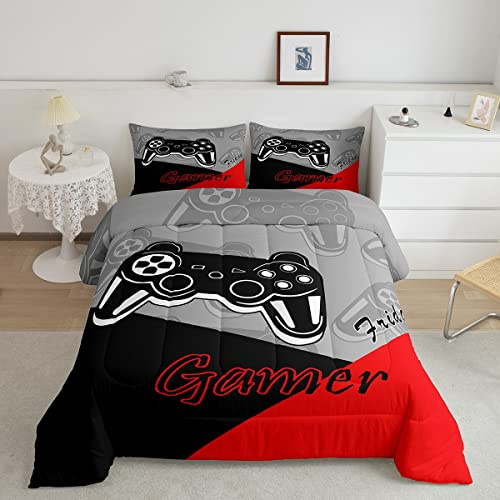 Gamer Duvet for Boys Teens Red and Black Gaming Comforter Set Video Game Bedding Home Decor for Kids Comforter King Size 3 Pieces Quilted Duvet Set 1 Comforter with 2 Pillowcase