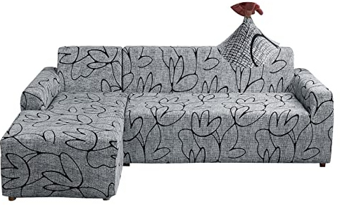 Jaotto Sofabezug Elastische Spandex Stretch Couchbezug für L-Form Sofa Überwürfe Universal mit 2er Antirutsch(3+3,Stil Grau)