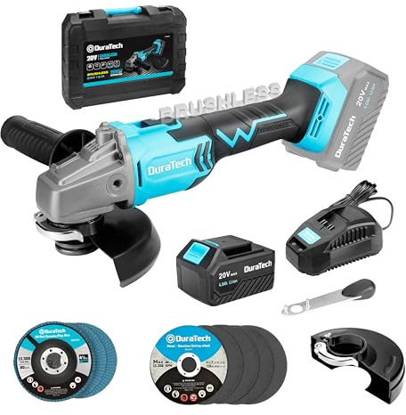 DURATECH Akku Winkelschleifer Bürstenlos 20V, mit 5 x Trennscheiben und 3 x Fächerscheiben, Ø125mm, 8500 U/min, mit 4,0Ah Akku, Schutzhaube, Ladegerät, Werkzeugkoffer, zum Schleifen und Schneiden