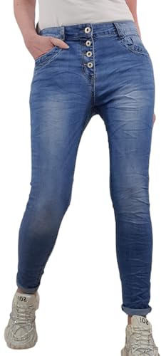 Jewelly Stretch jeans | i säckig pojkvän snitt | dambyxor med dekorativ knapplist | perfekt passform, Ren denim, M