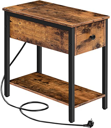 HOOBRO Tavolino con Stazione di Ricarica, Comodino con Porte USB e Prese, Tavolino da Divano con Cassetti, per Piccoli Spazi, per Camera da Letto e Soggiorno, Marrone Vintage e Nero EBF042BZ01