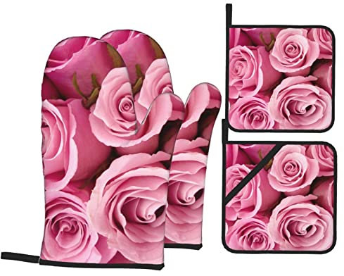 Guanti da forno e presine rosa rosa, resistenti al calore, rivestimento interno morbido antiscivolo per cottura in forno