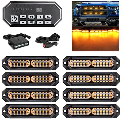 OPP ULITE Lot de 8 mini barres lumineuses stroboscopiques à LED ambrées avec interrupteur à 9 touches, mode 20 clignotements, montage en surface, mini barre lumineuse d'avertissement pour gril de