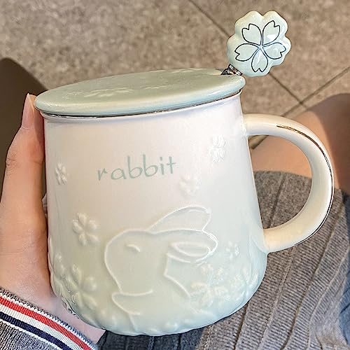 Tasse Hasen 420ml, Hasen Becher Geburtstag, Kaninchen Tasse Süß Becher Kirschblüte, Keramik Tassen mit Löffel und Deckel, Kaffeetasse Teetasse, Eine Schöne Geschenkwahl (GrüN)