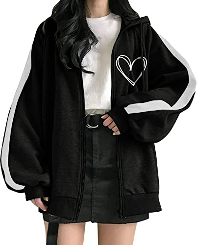HOOUDO Womens Zip Up Hoodie Vintage Oversized Basic Hoodies E Girl Baggy Sweatshirts Trendy Jacket Teen Girls Womens Fall Clothes Casual Black