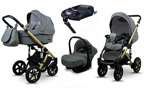 BabyLux® Kinderwagen Set 4 in 1 - Sky Lark - incl. Babywanne, Buggy Sportsitz, Auto-Babyschale, ISOFIX-Basisstation - Autositz - Kinderwagenset - Kombikinderwagen mit Wickeltasche usw.