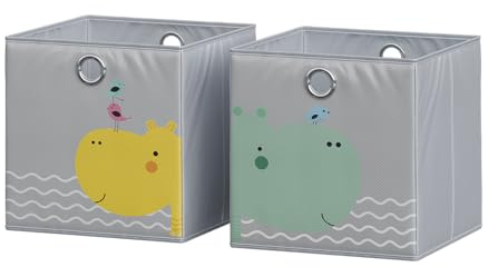Vicco Faltbox, Grau (Bär & Nilpferd), 30 x 30 cm | (Motiv Bär & Nilpferd), mit Öse zum einfachen Herausziehen und kindgerechten Motiven