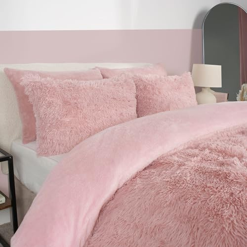 OHS Pink Single Bedding Covers Shaggy, Fluffy Teddy Fleece Duvet Reverse Thermal Bedding Single Duvet Cover with Pillowcase Fleece Warm Cosy Comfy