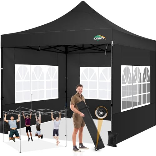 COBIZI Pavillon 3x3m wasserdicht stabil Winterfest,Outdoor faltbar partyzelt，gartenpavillon mit 4 Seitenteilen und 4 Sandsack und Laufradtasche, Schwarz