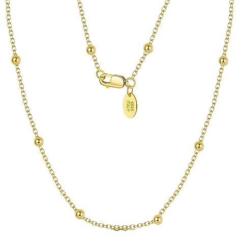 Mesnt Gold Chain Necklace Women, 925 Silver Ball Chain Necklace for Women Gold, Length 60cm