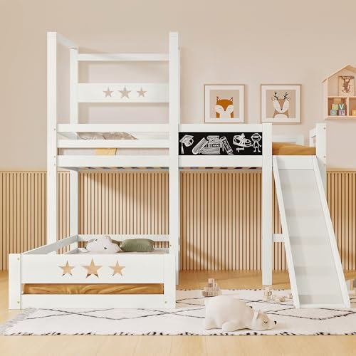 kubeier Letto a Castello con tavola e Scivolo, Letto a soppalco per 2 Bambini con Scala e Protezione anticaduta, Letto per Ragazzi in Legno Massiccio, Letto Matrimoniale per Ragazzi e Ragazze, Bianco