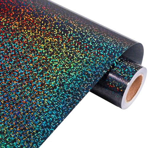 VINYL FROG Holografisches Wärmetransfer-Vinyl mit schwarzem Glitzer, 30,5 x 155 cm, Regenbogen-Vinyl zum Aufbügeln für DIY-Kleidung und andere Stoffe