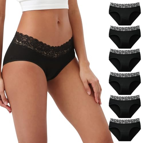 INNERSY Bragas Mujer Algodon y Encaje Braguitas Suaves y Cómodas Pack de 6 | Ropa Interior Cintura Media Clásico, Cuecas Mulher Algodão Elástico, Braga Hipster Sin Etiquetas, Entrepierna 100% Algodón