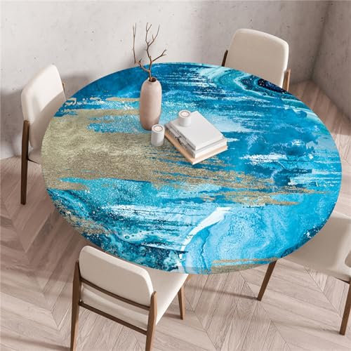 Morbuy Elastische Tischdecke Rund Wasserdicht, Blau Serie Marmor Steinmaserung 3D Drucken Tischdecke mit Gummizug Rund Tischdecken Tischtuch Gartentischdecken (Durchmesser 80cm,Stil 5)