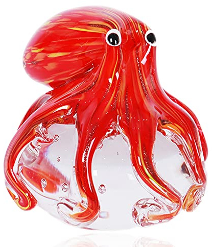 EUSTUMA Mundgeblasene Oktopus-Figur aus Glas, Meerestier-Ornament für Aquarium, Meerestier-Kollektion als Geburtstagsgeschenk, Büro-Briefbeschwerer aus Glas für den Schreibtisch