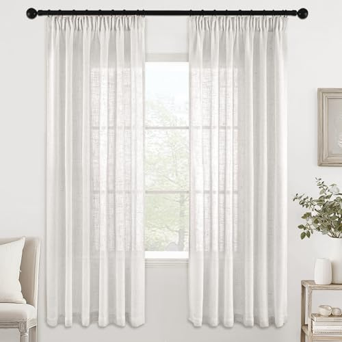 MIULEE Gardinen mit Kräuselband Leinen Vorhang 2er Set Weiß 137x140 cm | Halbtransparent Leinenoptik Schiebevorhang, Modern Voile Vorhänge für Wohnzimmer Schlafzimmer