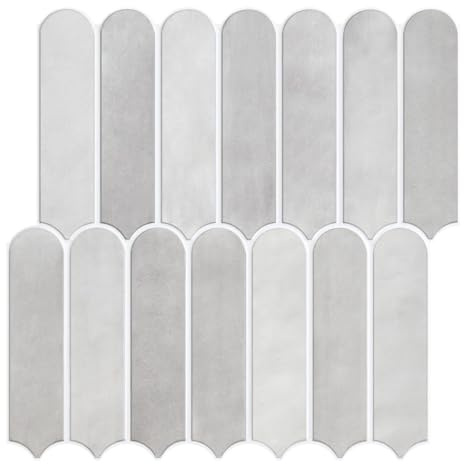 Commomy 10 Pcs Grey 3D Stick on Tiles,11'8 x 11'8 Matte | UrltraLight PVC Long Fish Scale Self Adhesive Tile Stickers for Kitchen Backsplash, Bathroom, Living Room, Bedroom, RV