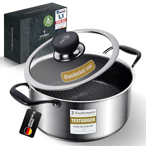 NYORD Edelstahltopf - Antihaft, Kratzfest, Kochtopf Wabenstruktur, Spülmaschinenfest, Hybrid Topf, Keramik Beschichtung, PTFE & PFOA frei, Ofenfest, für Induktion, Gas & Ceran, mit Deckel - 24 cm, 5l