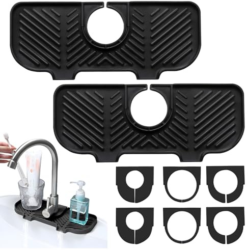 2 Set Protezione Rubinetto e Tappetino di Scarico, Paraspruzzi Lavello Cucina in Silicone con 3 Dimensioni di Interfacce, Protezione Rubinetto, Tappetino Drenaggio Lavandino per Cucina e Bagno