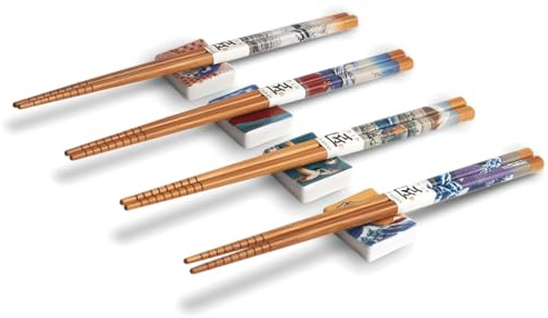 Colorful Series AsiATICA Lot de 4 paires de baguettes traditionnelles japonaises et bleues en bois avec plateaux en céramique, pour sushis et plats asiatiques (Blue Waves)