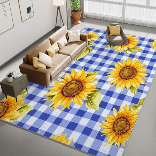 Tappeto 160 x 230cm Girasoli ad acquerello Tappeto Salotto - Tappeto Lavabile per Soggiorno Tappeto a Pelo Corto Tappeto per Camera Tappeto Antiscivolo Tappeto per Sala da Pranzo Tappeto Blu a scacchi