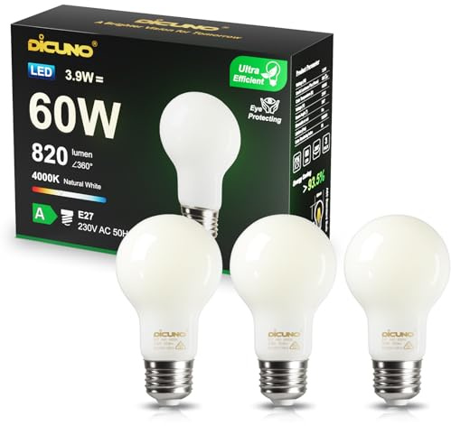 DiCUNO Ultraeffiziente E27 LED Lampe, 3,9W=60W, Neutralweiß 4000K, 3er Pack | Matte Energieklasse A E27 LED, 820lm, nicht dimmbar, Blendfrei, Flackerfrei, ideal für Pendel-, Tisch-, Steh-, Wandleuchten