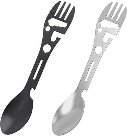 2-Piece Multifunctional Camping Spoon and Fork Set, Stainless Steel Outdoor Utensils with Bottle Opener, Includes Cloth Storage Box for Hiking, Backpacking, and Camping(Black+Silver)