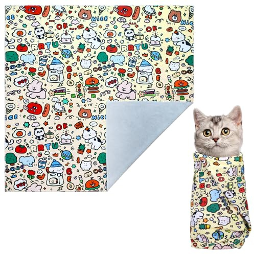 Lucxhcky Patchwork-Katzenpflege-Wickeltuch, 70 x 70 cm, große Katzen-Wickeltuch, verstellbare Katzen-Rückhaltetasche bis 9 kg, Katzentasche für Nageltrimmen, Katzenpflegezubehör