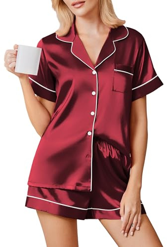 Ekouaer Pyjama Femme Satin Ensemble Pijamas Chemises de Nuit Sexy Chic Ete 2 Pièces Vêtements de Nuit en Soie Boutonnée Rouge M