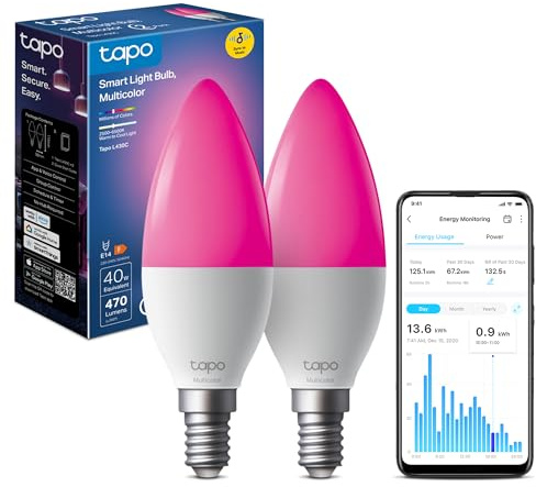 Tapo L430C(2-Pack) Smart Bulb, Alexa Light Bulbs, E14, LED Light Bulb, 470 Max Lumens, Dimmable, Colour Changing Light Bulb, Auto Biorhythm,Music Sync,Voice/APP Control,Schedule & Timer