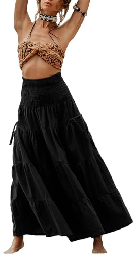 JENJON Mujer Falda de Playa Larga Bohemia Vestido 2 en 1 Falda de Verano con Bolsillo Color Sólido