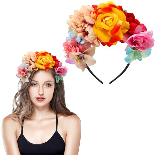 APOMOONS Serre-Tête à Fleurs, Roses Serre Tete Fille, Couronne Fleur Cheveux, Couronne de Fleurs pour Cheveux, Serre-Tête Florals Accessoire pour Mardi Gras Carnaval Mariage Fête