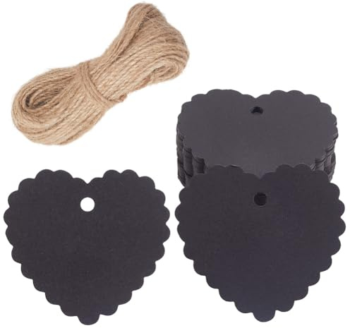 craspire 100 Stück Schwarze Geschenkanhänger Aus Papier In Herzform Blanko Karten Gewellter Rand Mit 65,6 Fuß(20 Meter) Juteschnur Doppelseitige Tafel Nachrichtentafel Hängeschilder Für Valentinstag