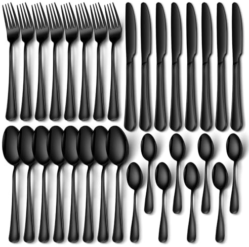 Black Cutlery Sets, NINIROR 32 Piece Food-Grade Stainless Steel Flatware Set for 8, Tableware Silverware Set with Spoon Knife and Fork Set, Dishwasher Safe Mirror Finished for Home Restaurant