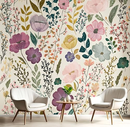 Carta Da Parati Effetto 3D Fiori Selvatici Disegnati A Mano 300×210cm Fotomurali Non Tessuto, Campagna Fiori Decorazione Poster Arte Murale Moderna per Casa Ufficio Camera Da Letto Soggiorno Crema