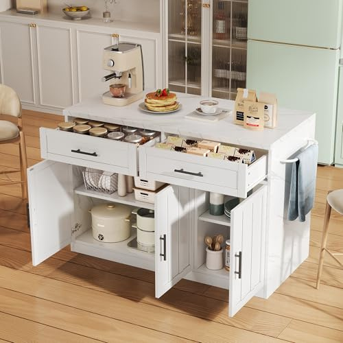 Moderne Kücheninsel mit Bartheke, Steckdose & USB, 120x60x91cm, Küchenzeile mit 2 Schubladen, 3 Türen & verstellbaren Böden, Bartheke mit Handtuchhalter (Weiß)