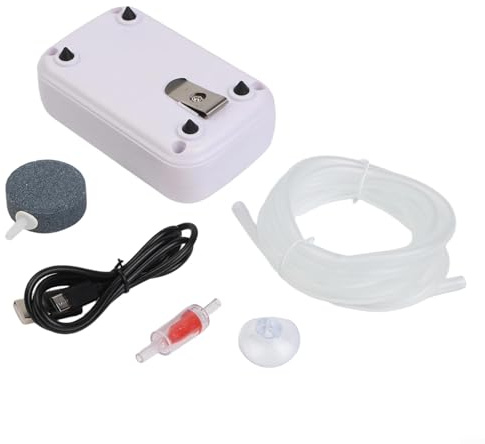 Uppladdningsbar akvarieluftpump med litiumjonbatteri och syretillförsel med dubbla hål supertyst under 28 dB för hinkar och akvarium (4 000 mAh)