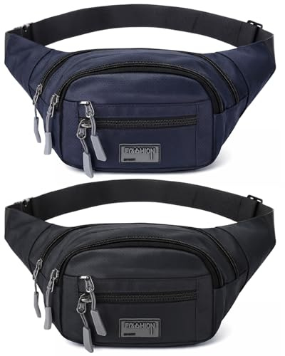 Vyuwast 2 Pack Bum Bag Bumbag for Men Women, 4 Zip Pockets, Waterproof | Bumbags for Ladies, Waist Pack Adjustable Belt Fanny Packs for Sport Running Dog Walking Travel Cycling, Black Blue