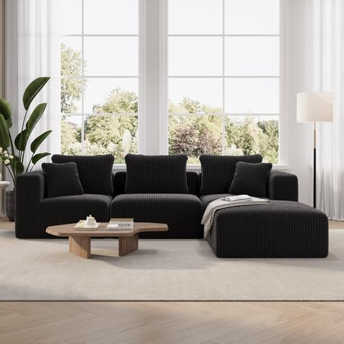 Novilla Modulares Sofa 4 sitzer 270cm Breit, Ecksofa Cord L Form Wohnzimmer | Boneless Couch mit Federn Smarts Coil®-Unterstützung Keine Montage erforderlich (3 Sitzplätze+1 Hocker+ 5 Sofakissen)